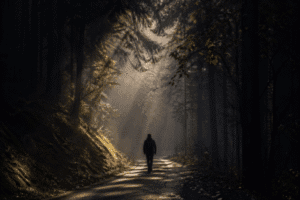 Figura solitária caminhando em estrada iluminada por raios de sol na floresta, representando a solidão formativa, maturidade espiritual e processo de transformação interior.