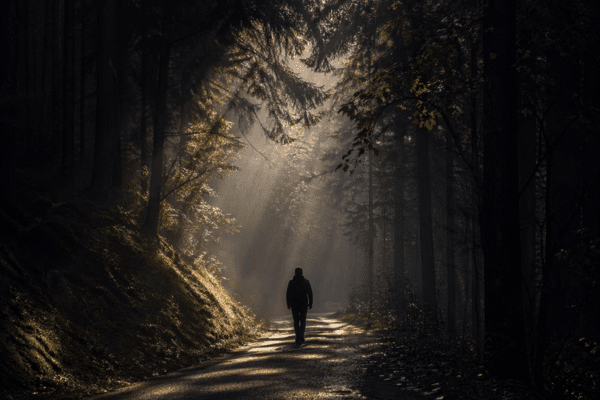 Figura solitária caminhando em estrada iluminada por raios de sol na floresta, representando a solidão formativa, maturidade espiritual e processo de transformação interior.